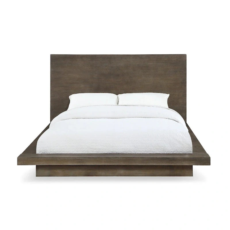 Lit plateforme Queen en pin, base socle, brun vieilli