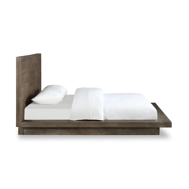 Lit plateforme Queen en pin, base socle, brun vieilli