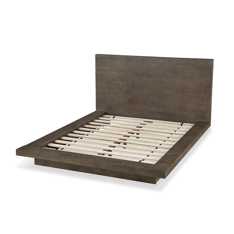 Lit plateforme Queen en pin, base socle, brun vieilli