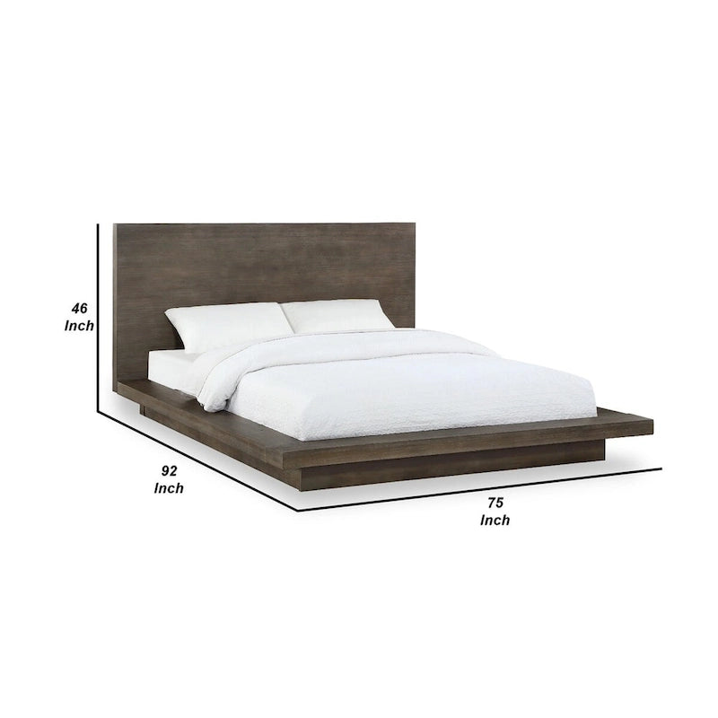 Lit plateforme Queen en pin, base socle, brun vieilli