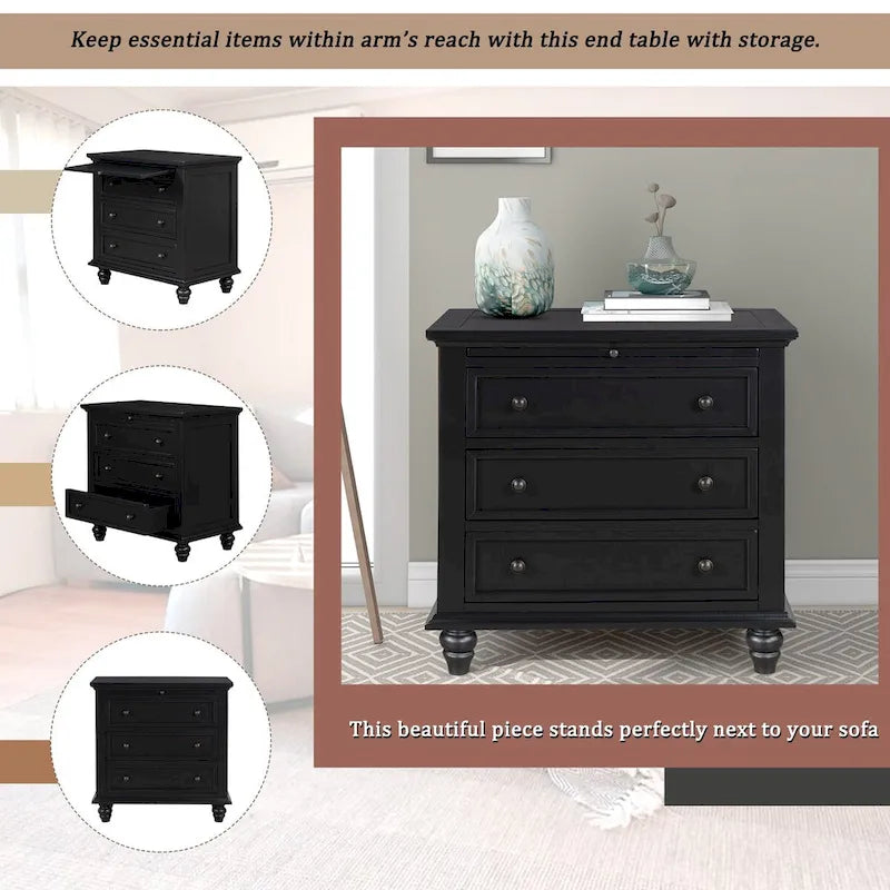 Table d'appoint en pin massif avec tablette coulissante et 3 tiroirs, montage facile