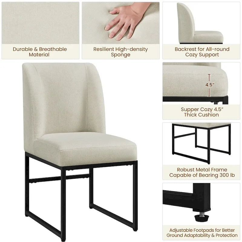 Chaises de salle à manger modernes rembourrées avec pieds en métal, beige