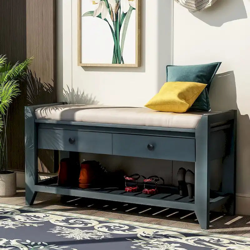 Meuble à chaussures avec coussin et tiroirs, banc de rangement multifonctionnel pour entrée (Bleu marine antique)
