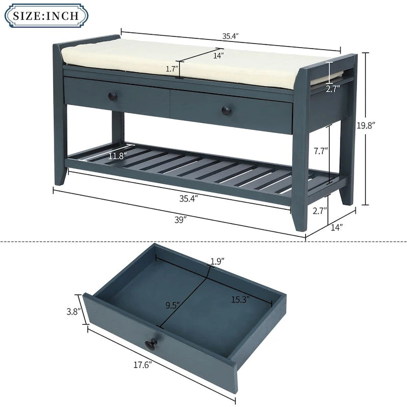 Meuble à chaussures avec coussin et tiroirs, banc de rangement multifonctionnel pour entrée (Bleu marine antique)
