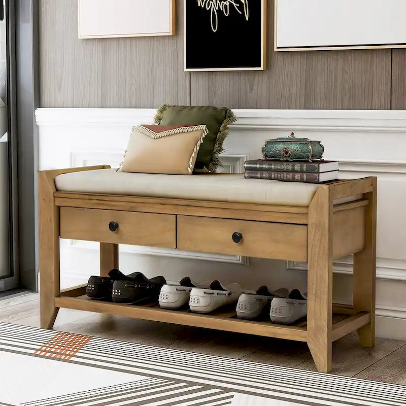 Meuble à chaussures avec coussin et tiroirs, banc de rangement multifonctionnel pour entrée (Bleu marine antique)