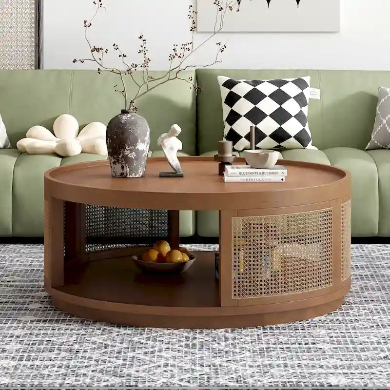 Table basse ronde en rotin avec côtés en rotin