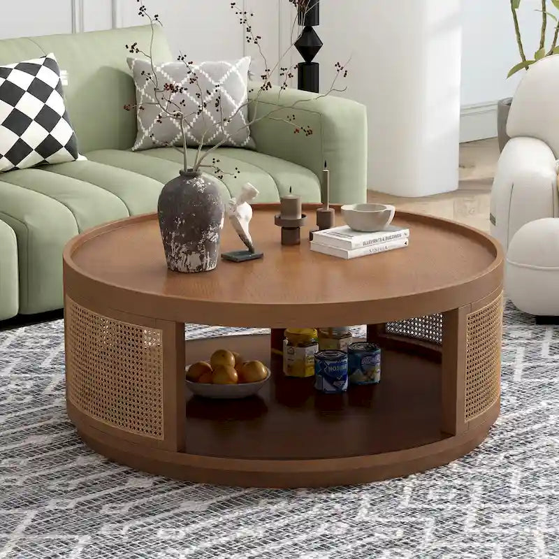 Table basse ronde en rotin avec côtés en rotin