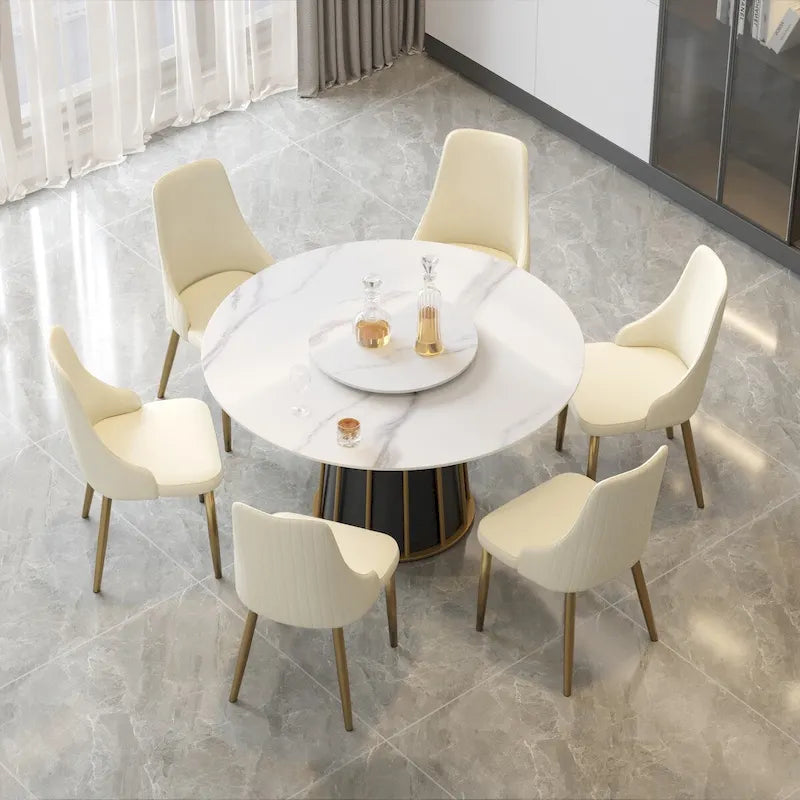 Table à manger ronde 53 po en pierre frittée blanche avec plateau tournant - N/A