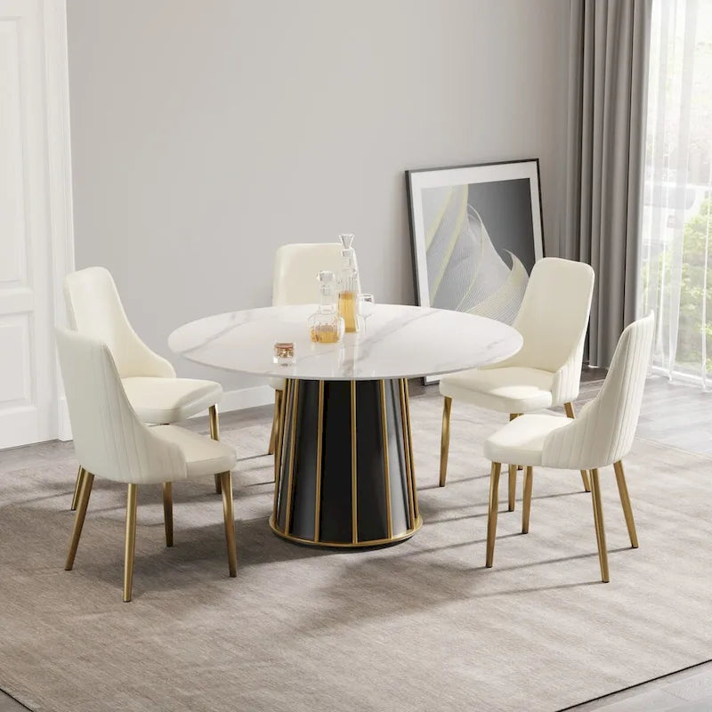 Table à manger ronde 53 po en pierre frittée blanche avec plateau tournant - N/A