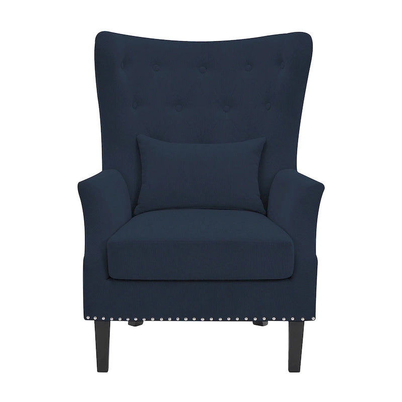 Fauteuil à oreilles classique en velours côtelé avec clous décoratifs, oreiller lombaire et pieds en hévéa