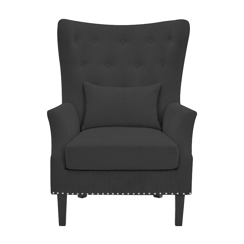 Fauteuil à oreilles classique en velours côtelé avec clous décoratifs, oreiller lombaire et pieds en hévéa