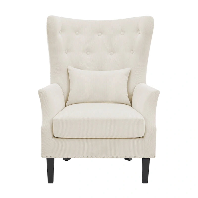 Fauteuil à oreilles classique en velours côtelé avec clous décoratifs, oreiller lombaire et pieds en hévéa