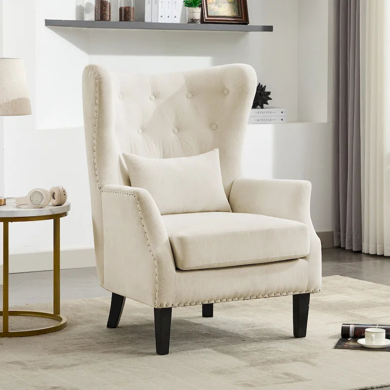 Fauteuil à oreilles classique en velours côtelé avec clous décoratifs, oreiller lombaire et pieds en hévéa