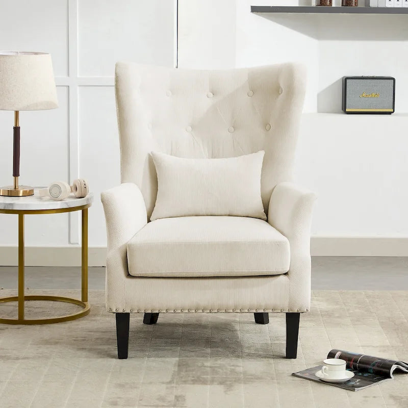 Fauteuil à oreilles classique en velours côtelé avec clous décoratifs, oreiller lombaire et pieds en hévéa