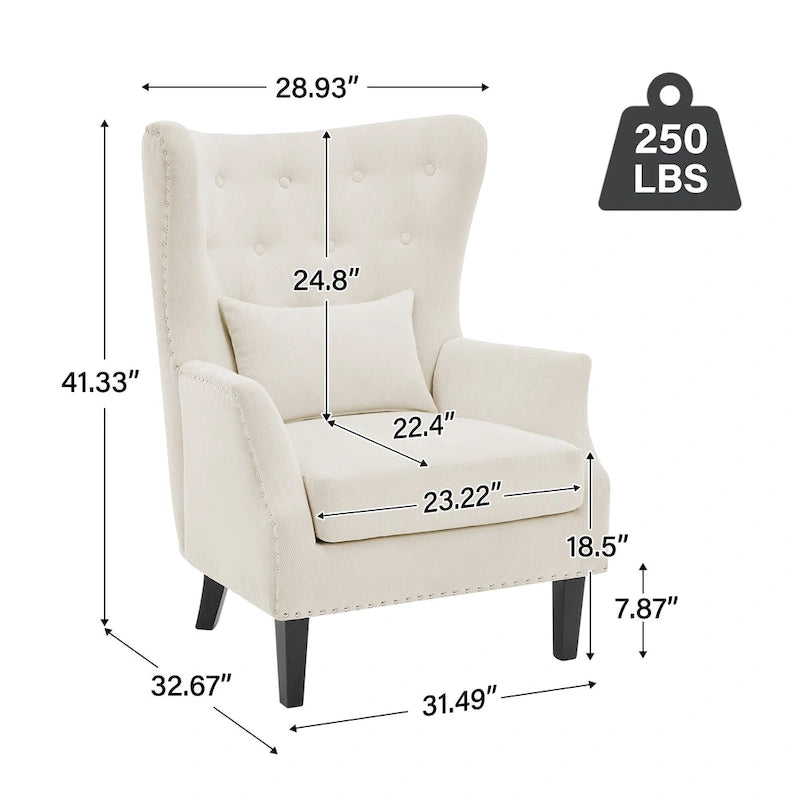 Fauteuil à oreilles classique en velours côtelé avec clous décoratifs, oreiller lombaire et pieds en hévéa