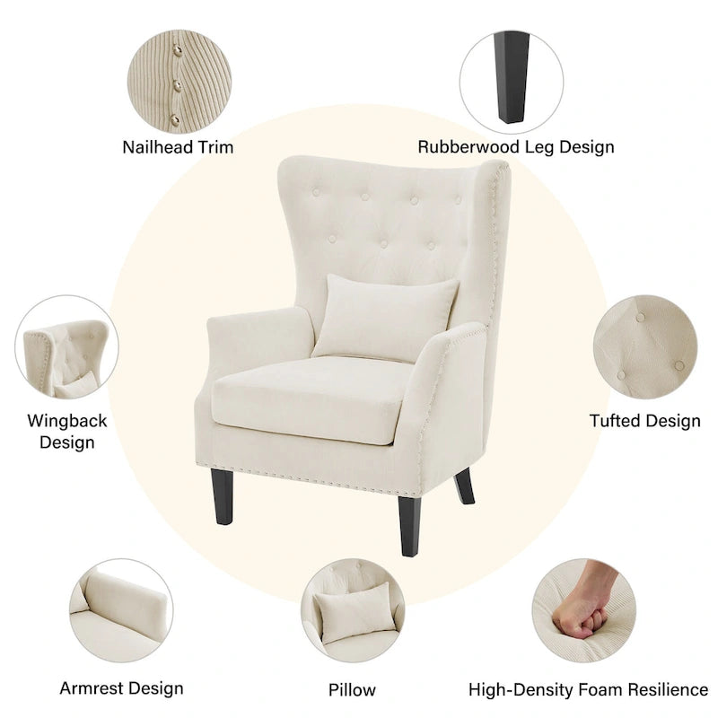 Fauteuil à oreilles classique en velours côtelé avec clous décoratifs, oreiller lombaire et pieds en hévéa