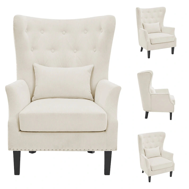 Fauteuil à oreilles classique en velours côtelé avec clous décoratifs, oreiller lombaire et pieds en hévéa