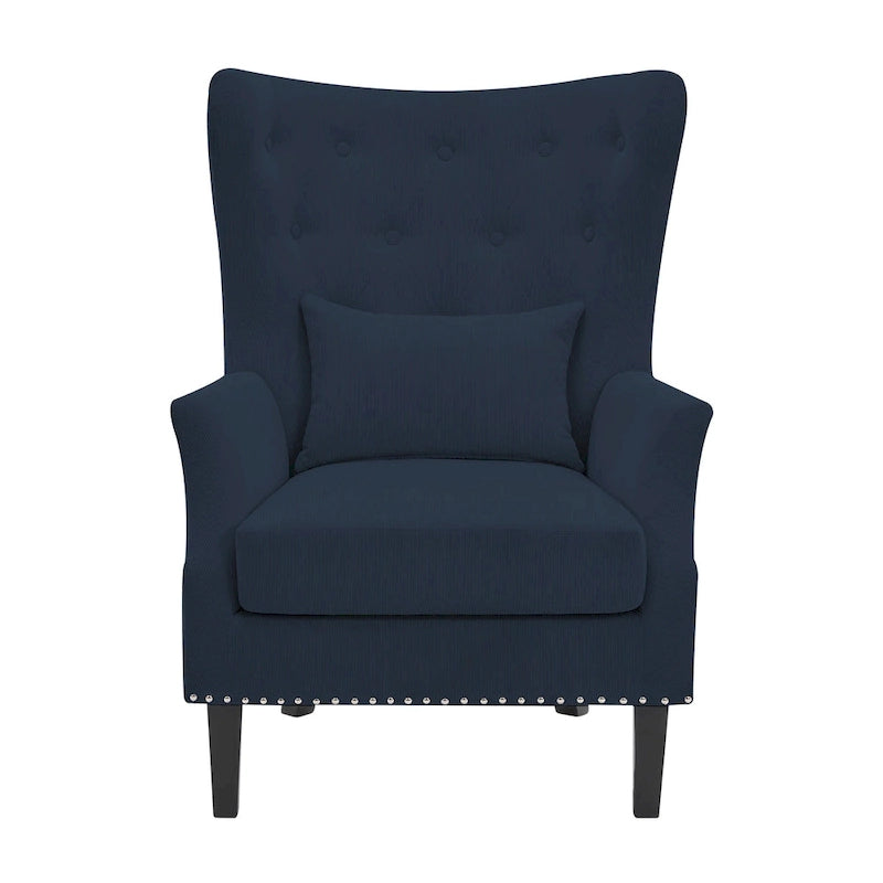 Fauteuil à oreilles classique en velours côtelé avec clous décoratifs, oreiller lombaire et pieds en hévéa