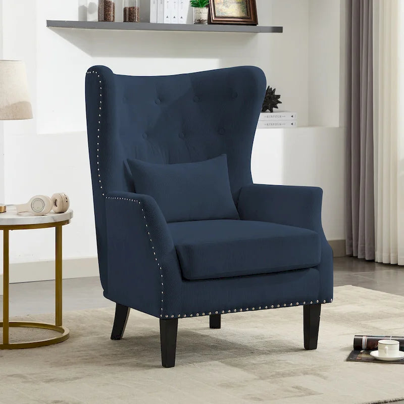 Fauteuil à oreilles classique en velours côtelé avec clous décoratifs, oreiller lombaire et pieds en hévéa