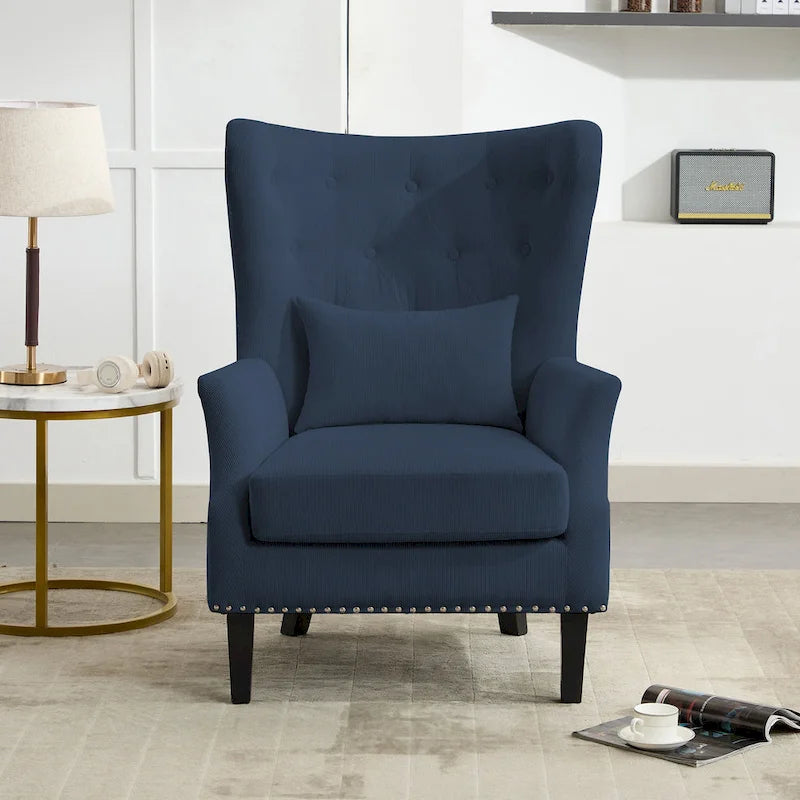 Fauteuil à oreilles classique en velours côtelé avec clous décoratifs, oreiller lombaire et pieds en hévéa