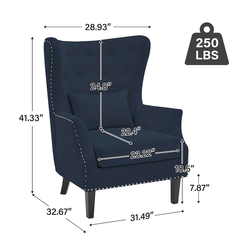 Fauteuil à oreilles classique en velours côtelé avec clous décoratifs, oreiller lombaire et pieds en hévéa