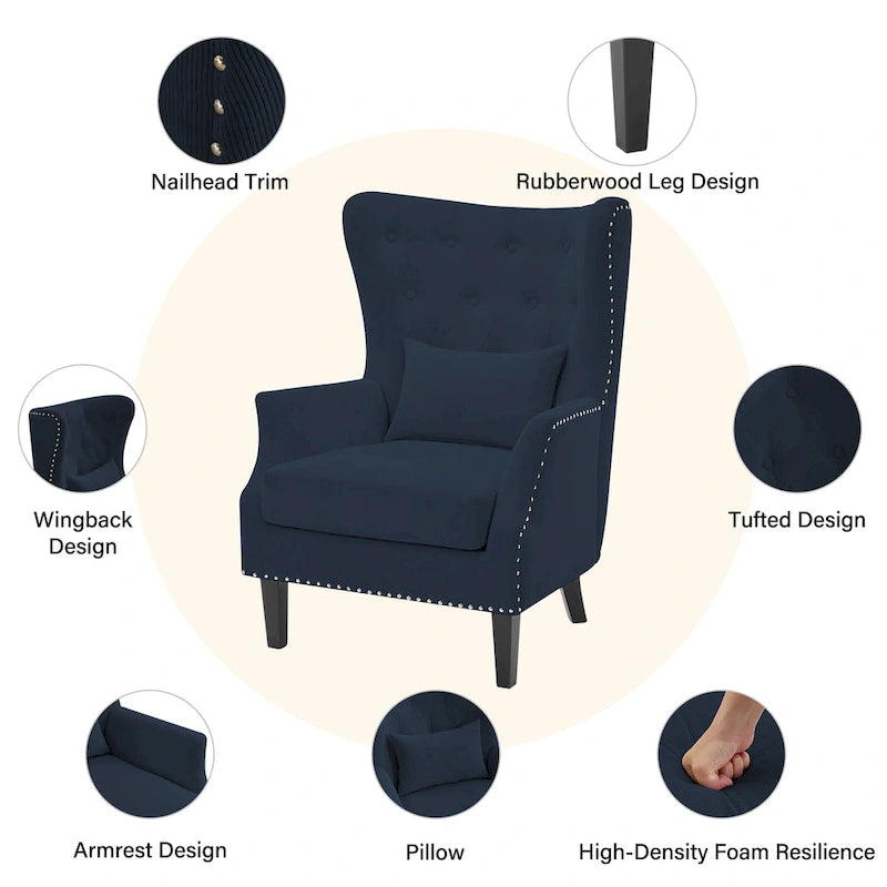 Fauteuil à oreilles classique en velours côtelé avec clous décoratifs, oreiller lombaire et pieds en hévéa