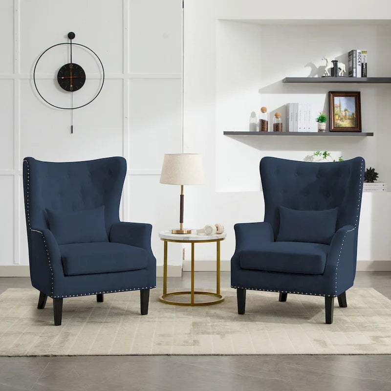 Fauteuil à oreilles classique en velours côtelé avec clous décoratifs, oreiller lombaire et pieds en hévéa