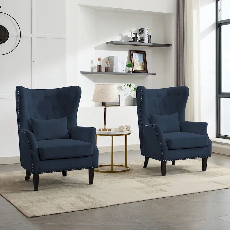 Fauteuil à oreilles classique en velours côtelé avec clous décoratifs, oreiller lombaire et pieds en hévéa