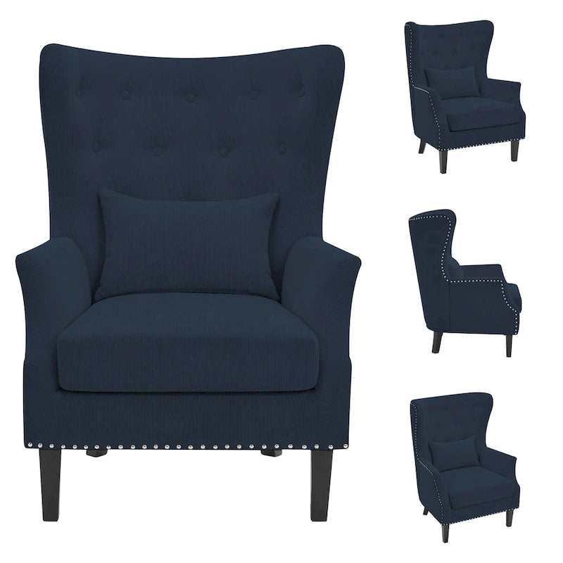 Fauteuil à oreilles classique en velours côtelé avec clous décoratifs, oreiller lombaire et pieds en hévéa