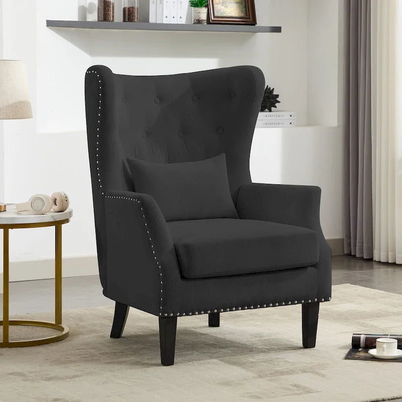 Fauteuil à oreilles classique en velours côtelé avec clous décoratifs, oreiller lombaire et pieds en hévéa