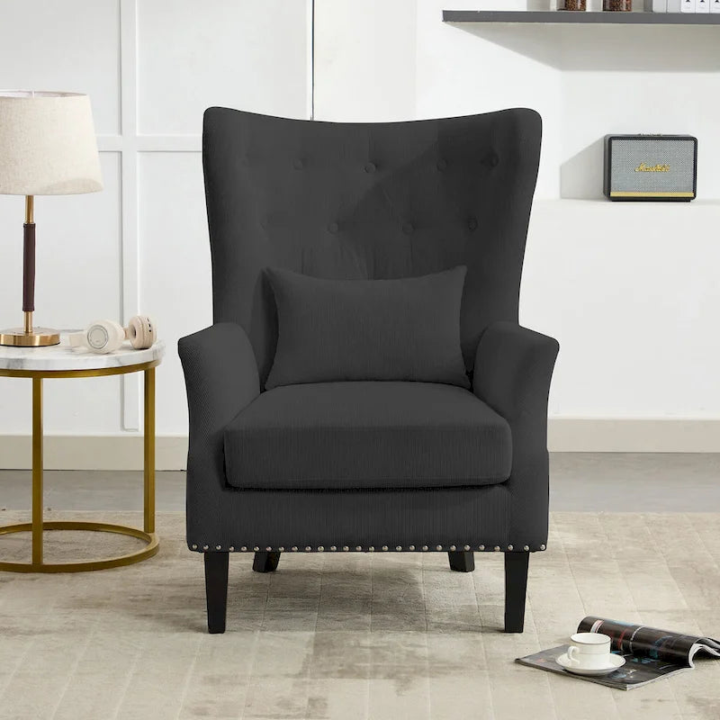 Fauteuil à oreilles classique en velours côtelé avec clous décoratifs, oreiller lombaire et pieds en hévéa