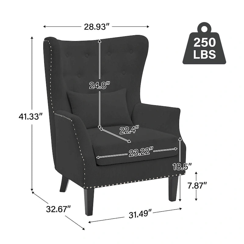 Fauteuil à oreilles classique en velours côtelé avec clous décoratifs, oreiller lombaire et pieds en hévéa