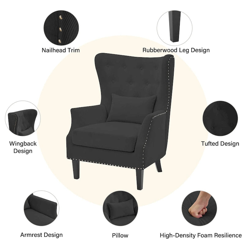 Fauteuil à oreilles classique en velours côtelé avec clous décoratifs, oreiller lombaire et pieds en hévéa