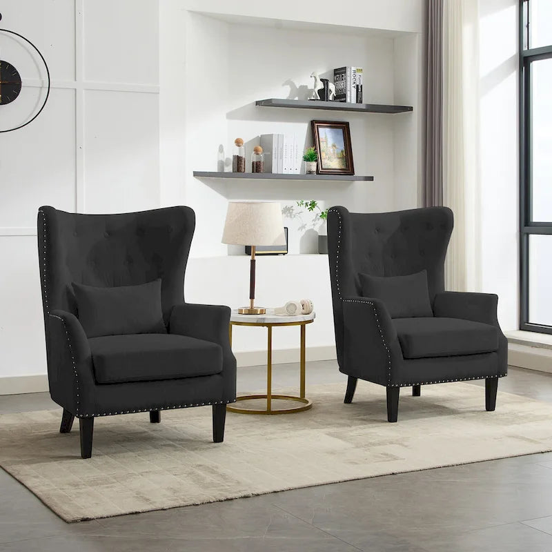 Fauteuil à oreilles classique en velours côtelé avec clous décoratifs, oreiller lombaire et pieds en hévéa