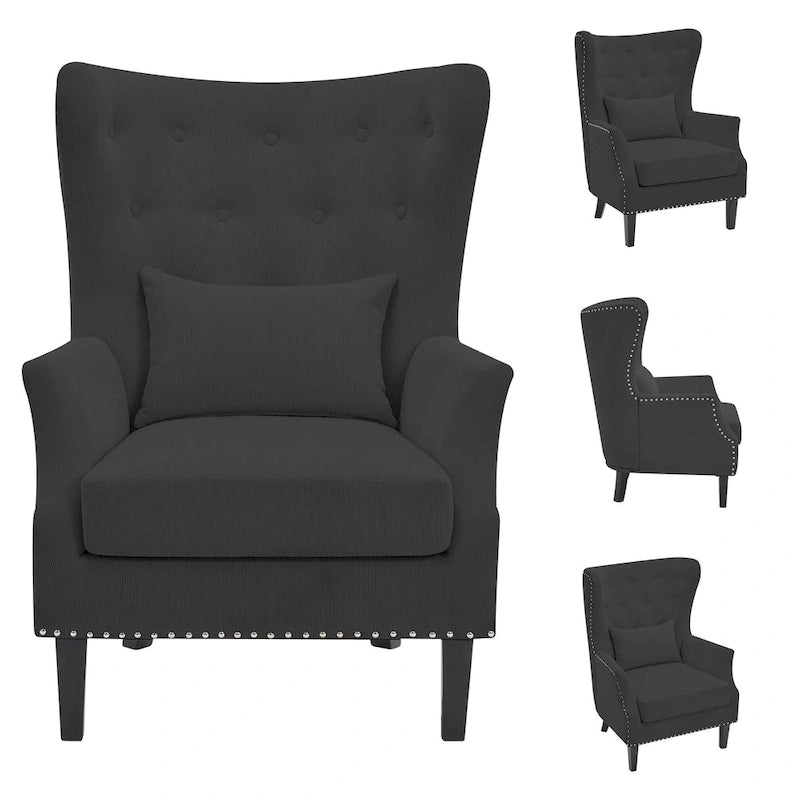 Fauteuil à oreilles classique en velours côtelé avec clous décoratifs, oreiller lombaire et pieds en hévéa