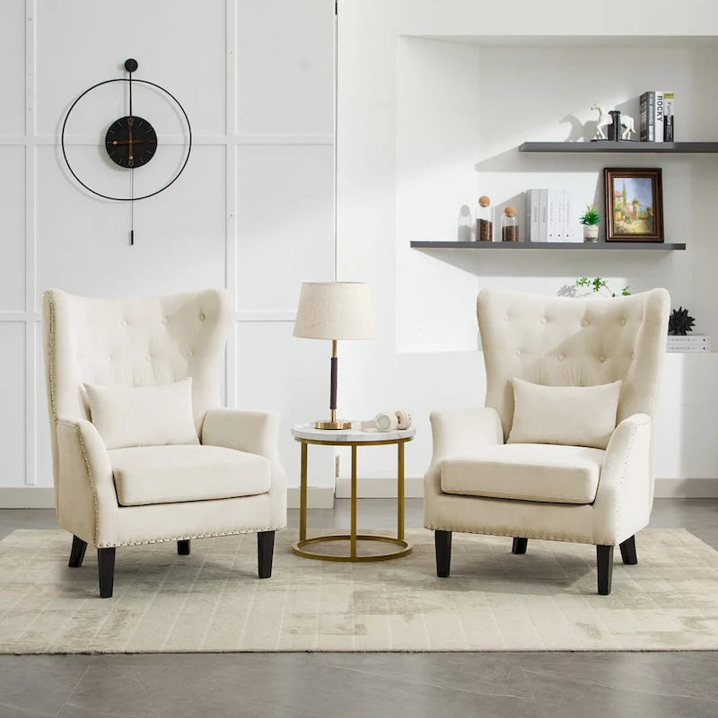 Fauteuil à oreilles classique en velours côtelé avec clous décoratifs, oreiller lombaire et pieds en hévéa