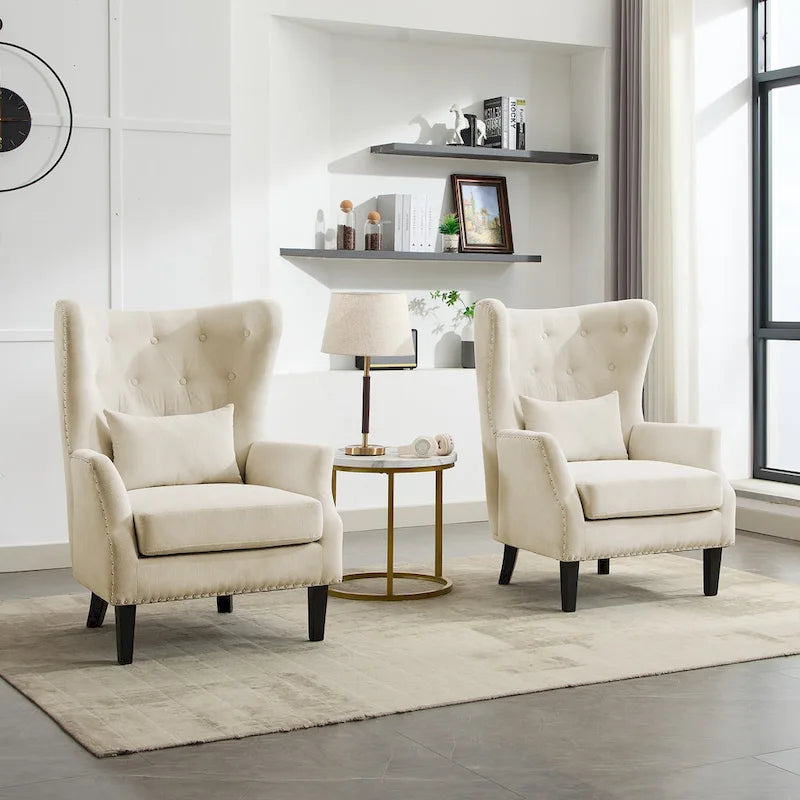 Fauteuil à oreilles classique en velours côtelé avec clous décoratifs, oreiller lombaire et pieds en hévéa